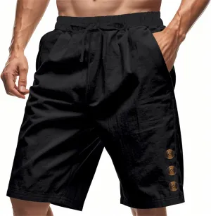 Men Linen Casual Shorts Elastic Waist Drawstring Classic Slim Fit Lightweight for Summer Beach with Pockets