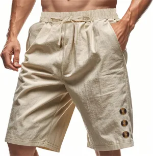 Men Linen Casual Shorts Elastic Waist Drawstring Classic Slim Fit Lightweight for Summer Beach with Pockets
