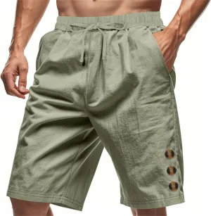Men Linen Casual Shorts Elastic Waist Drawstring Classic Slim Fit Lightweight for Summer Beach with Pockets