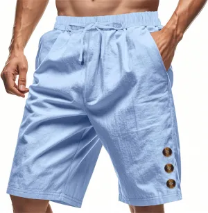 Men Linen Casual Shorts Elastic Waist Drawstring Classic Slim Fit Lightweight for Summer Beach with Pockets