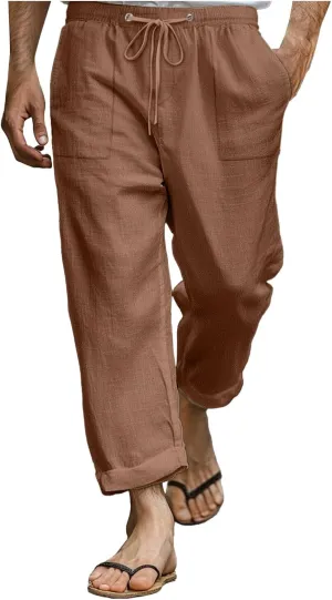 Men Linen Pants Plus Size Casual Plain Pant Classic Basic Lightweight Slacks Summer Vacation Beach Drawstring Trouser