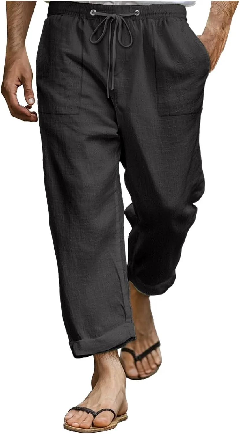 Men Linen Pants Plus Size Casual Plain Pant Classic Basic Lightweight Slacks Summer Vacation Beach Drawstring Trouser