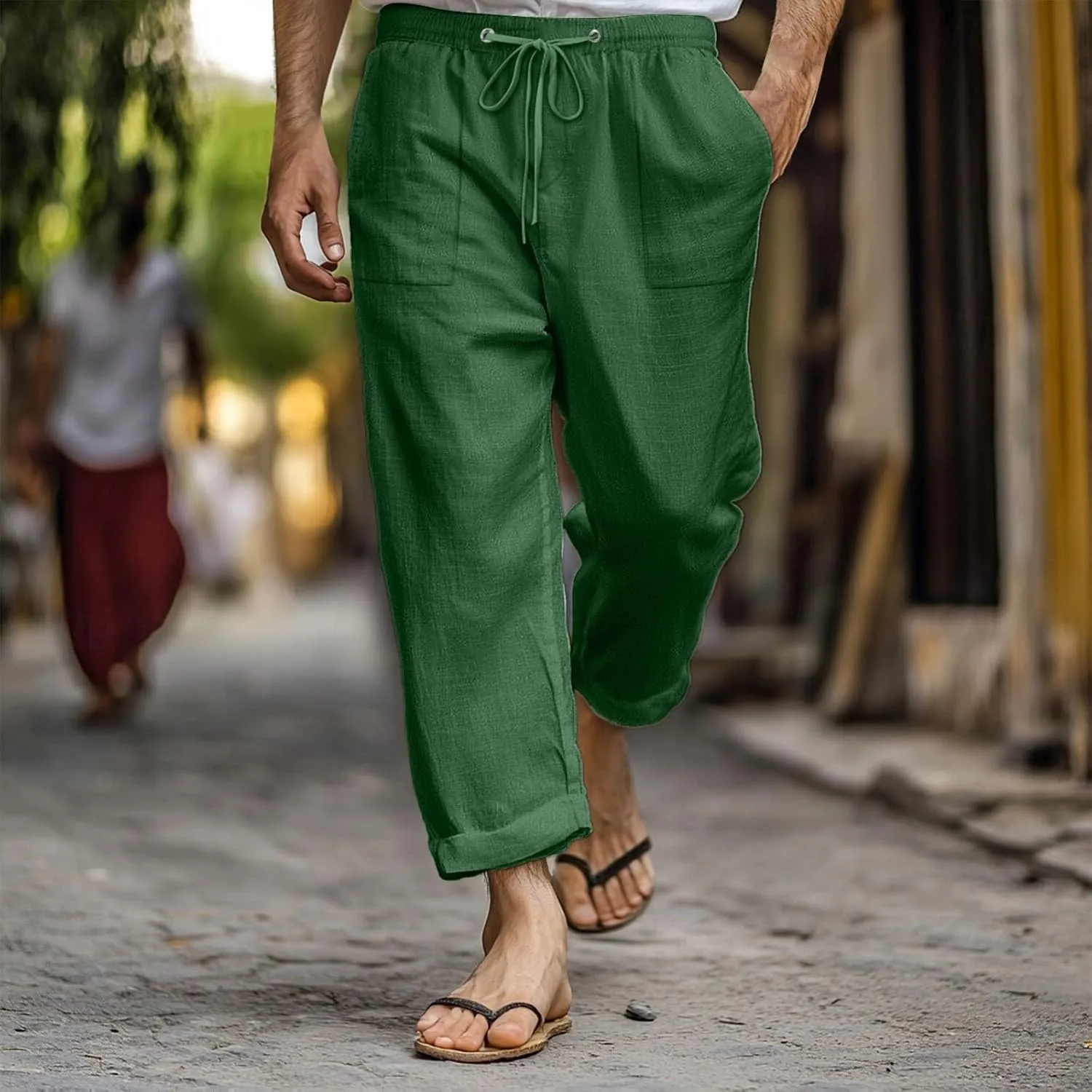 Men Linen Pants Plus Size Casual Plain Pant Classic Basic Lightweight Slacks Summer Vacation Beach Drawstring Trouser