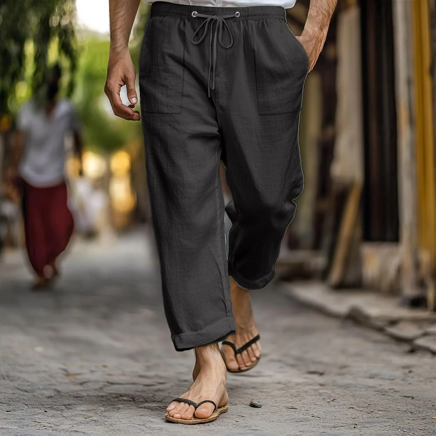 Men Linen Pants Plus Size Casual Plain Pant Classic Basic Lightweight Slacks Summer Vacation Beach Drawstring Trouser