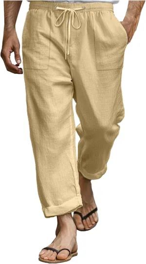 Men Linen Pants Plus Size Casual Plain Pant Classic Basic Lightweight Slacks Summer Vacation Beach Drawstring Trouser