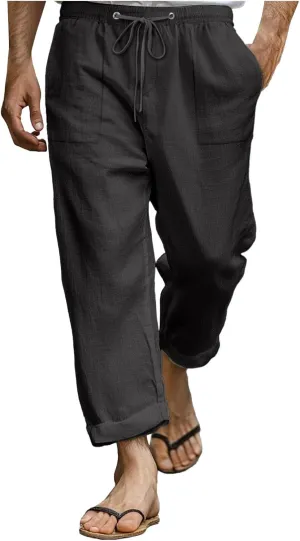 Men Linen Pants Plus Size Casual Plain Pant Classic Basic Lightweight Slacks Summer Vacation Beach Drawstring Trouser