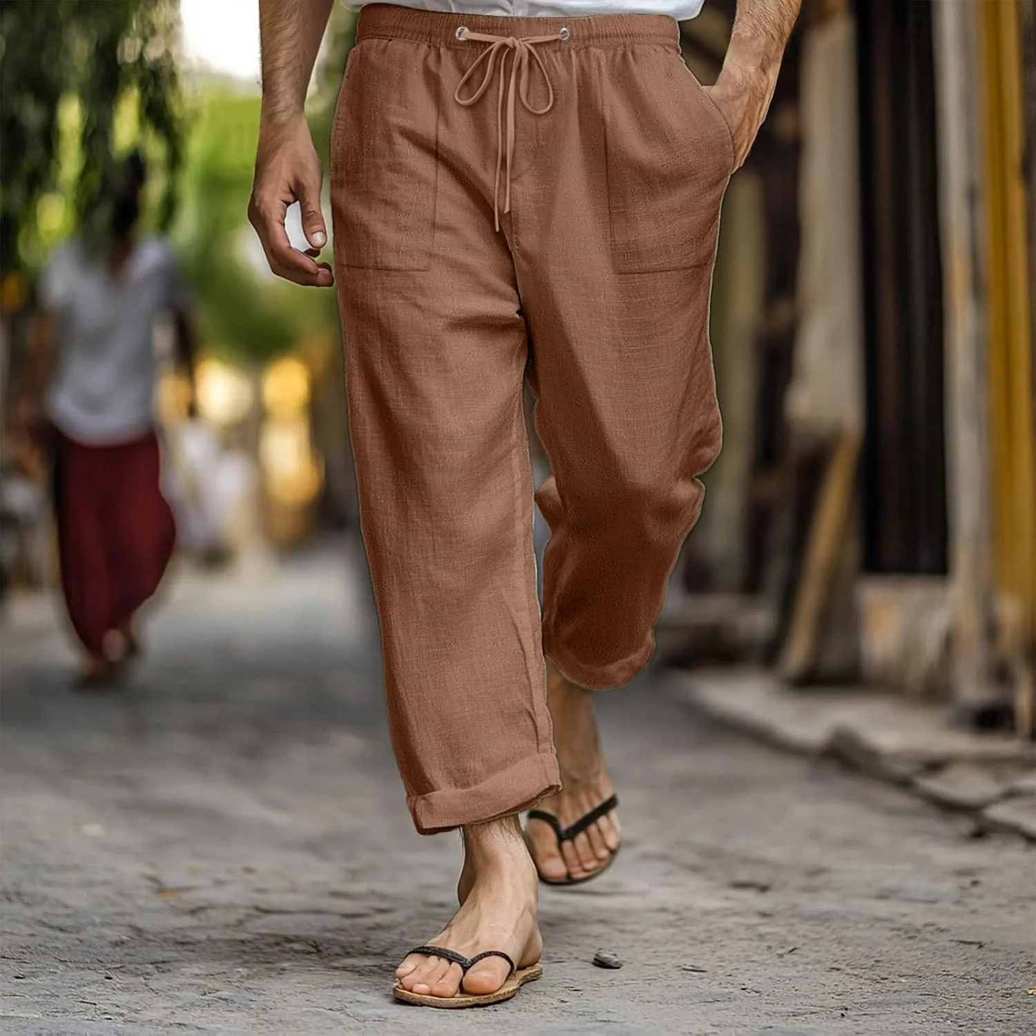 Men Linen Pants Plus Size Casual Plain Pant Classic Basic Lightweight Slacks Summer Vacation Beach Drawstring Trouser