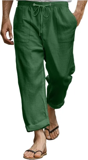Men Linen Pants Plus Size Casual Plain Pant Classic Basic Lightweight Slacks Summer Vacation Beach Drawstring Trouser