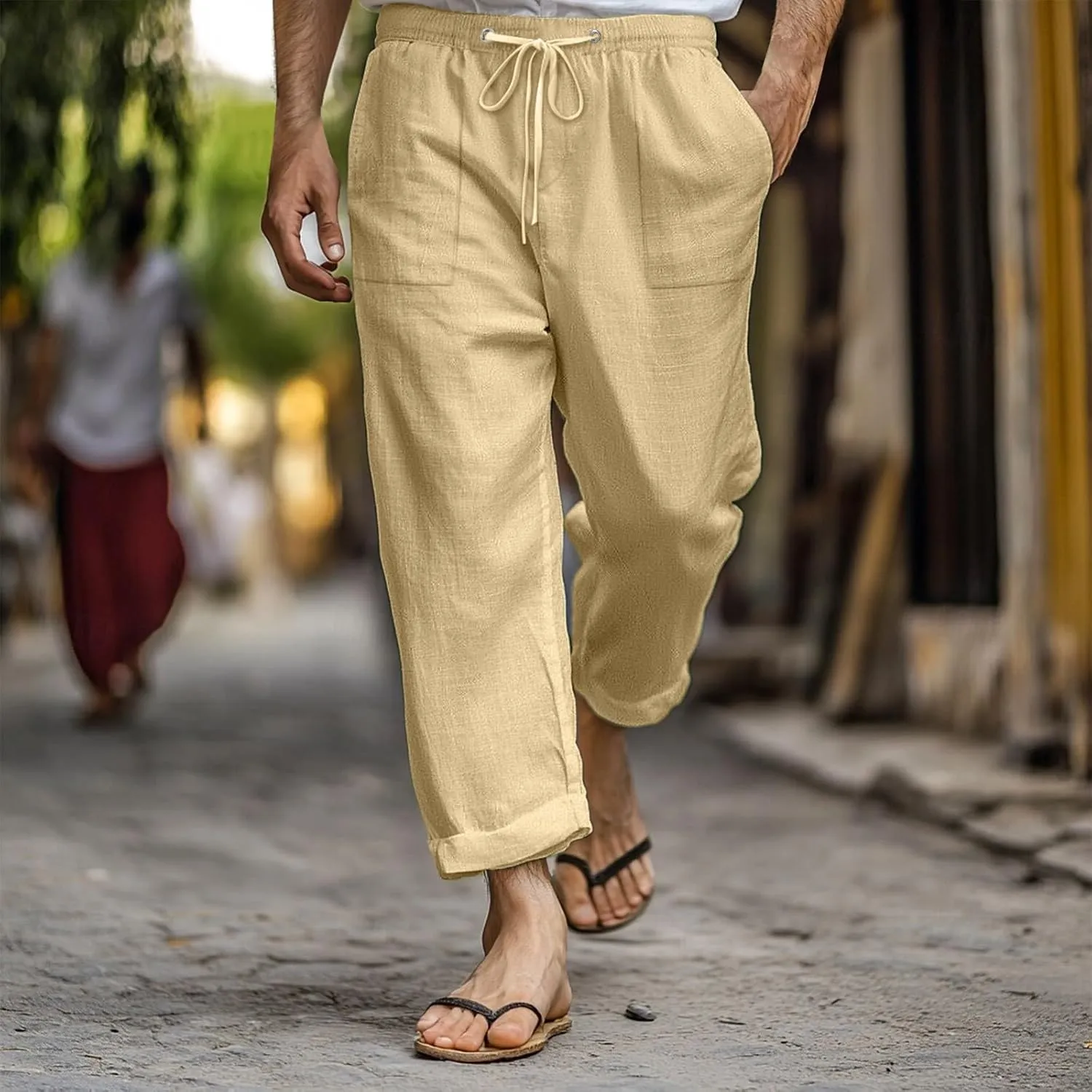 Men Linen Pants Plus Size Casual Plain Pant Classic Basic Lightweight Slacks Summer Vacation Beach Drawstring Trouser