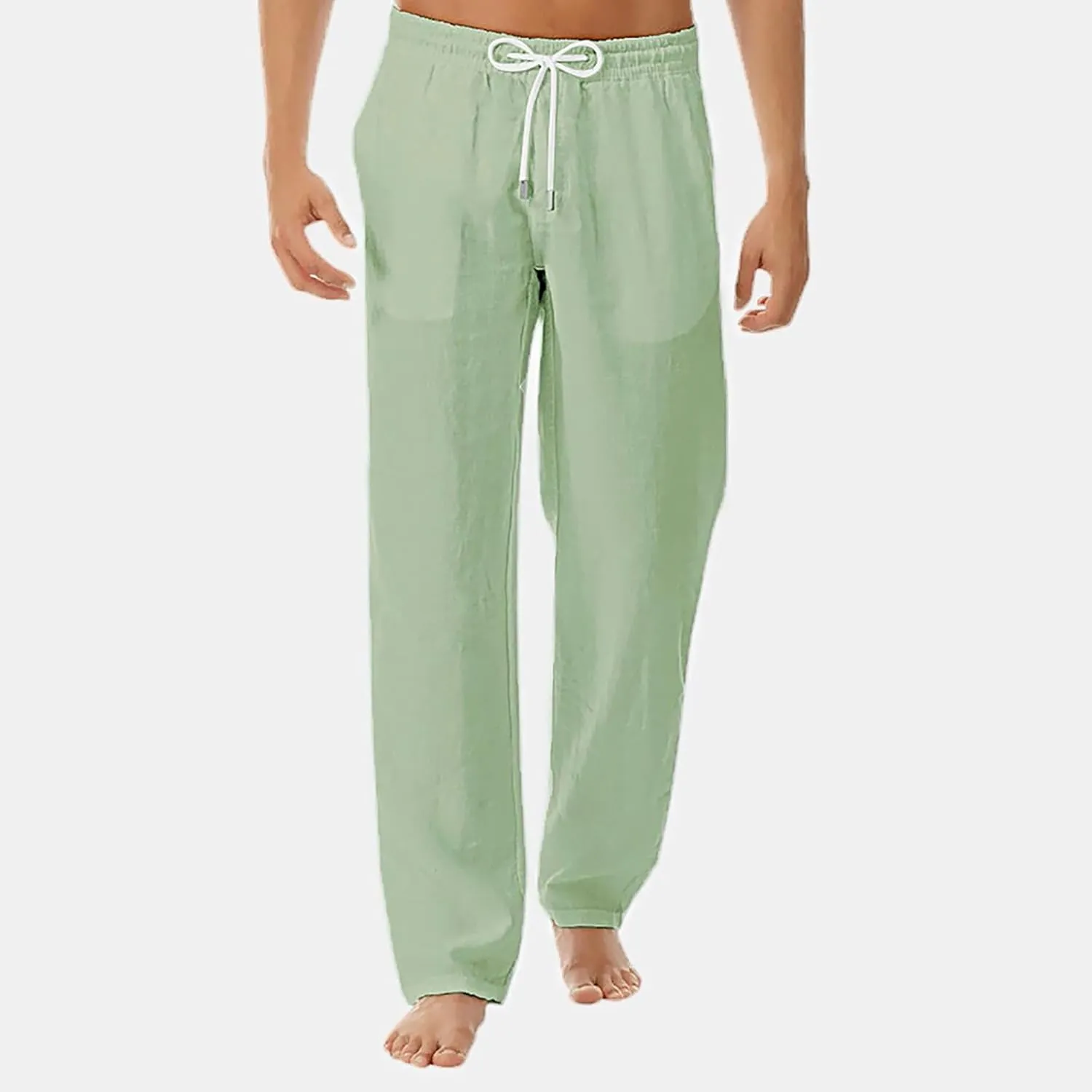 Mens Cotton Linen Drawstring Pant Loose Fit Straight Leg Casual Pants for Men Classic Elastic Solid Beach Resort Trousers