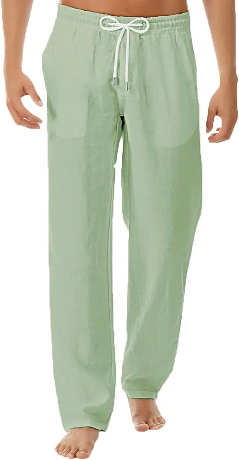 Mens Cotton Linen Drawstring Pant Loose Fit Straight Leg Casual Pants for Men Classic Elastic Solid Beach Resort Trousers
