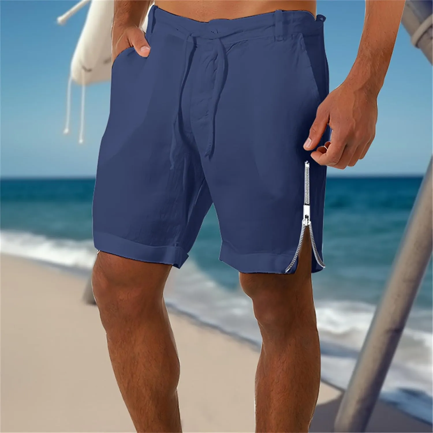 Mens Elastic Waist Linen Classic Shorts for Summer Beach Lightweight Slim Fit with Pockets Athletic Baggy Workout