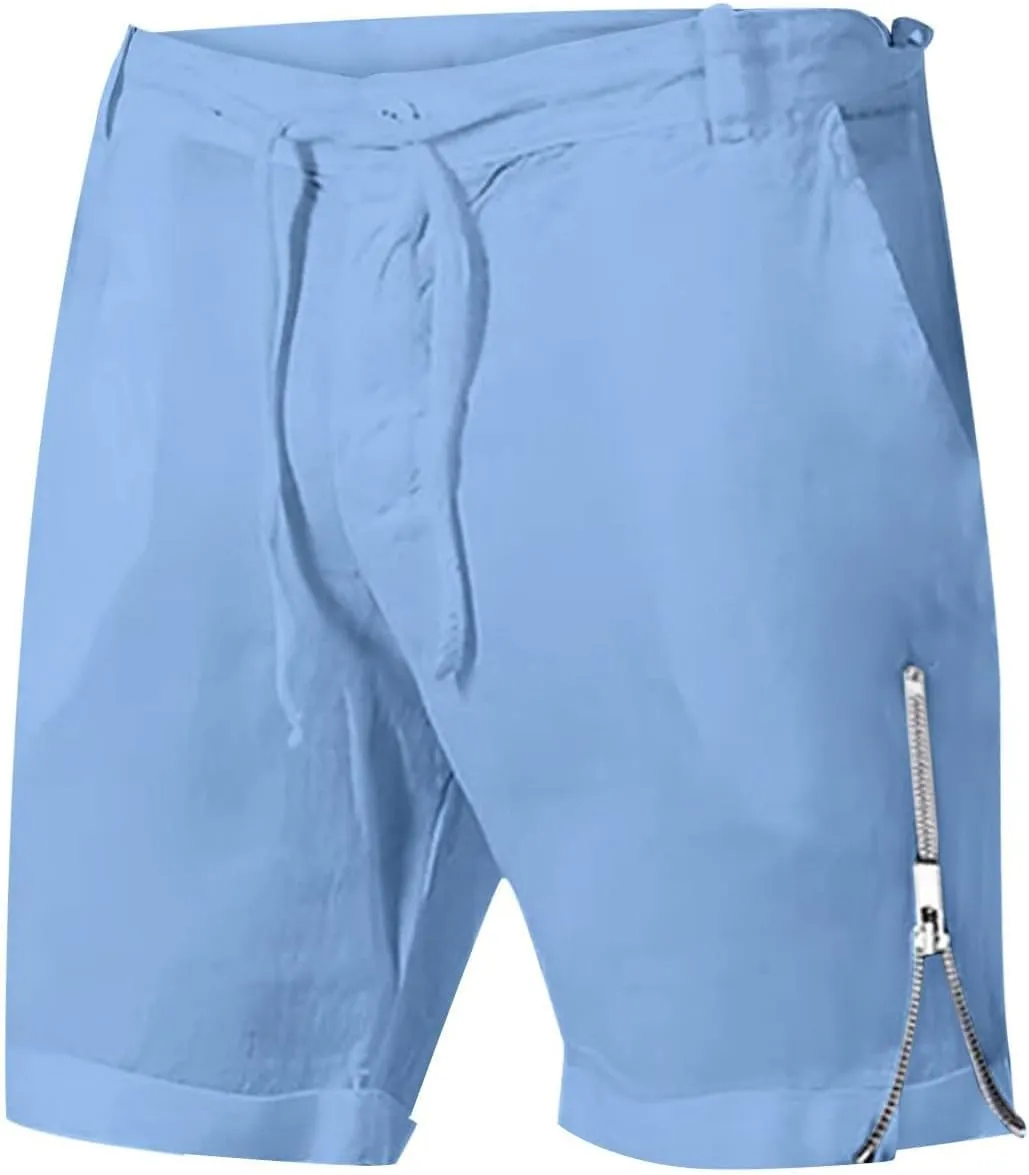 Mens Elastic Waist Linen Classic Shorts for Summer Beach Lightweight Slim Fit with Pockets Athletic Baggy Workout