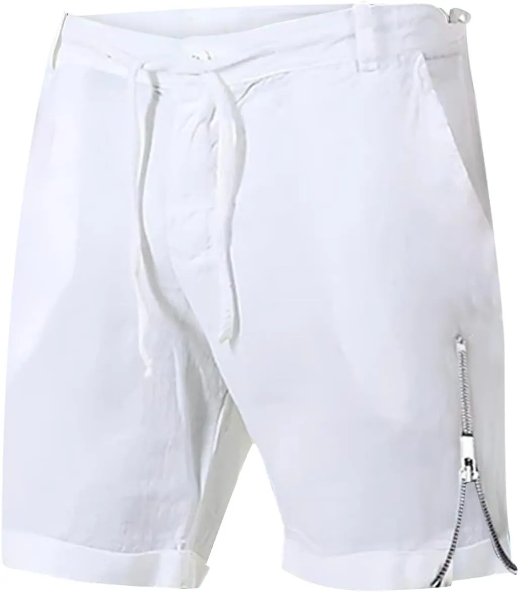 Mens Elastic Waist Linen Classic Shorts for Summer Beach Lightweight Slim Fit with Pockets Athletic Baggy Workout