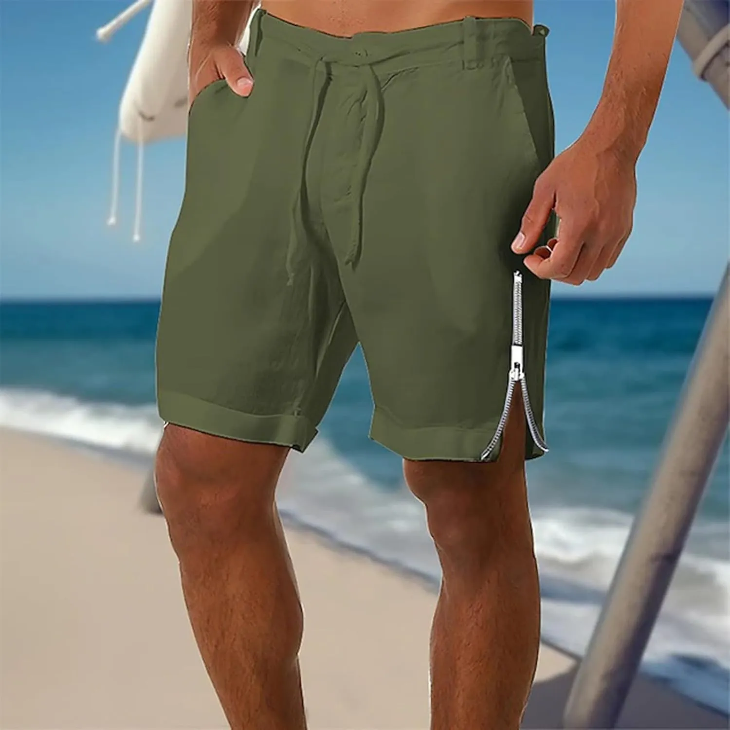 Mens Elastic Waist Linen Classic Shorts for Summer Beach Lightweight Slim Fit with Pockets Athletic Baggy Workout