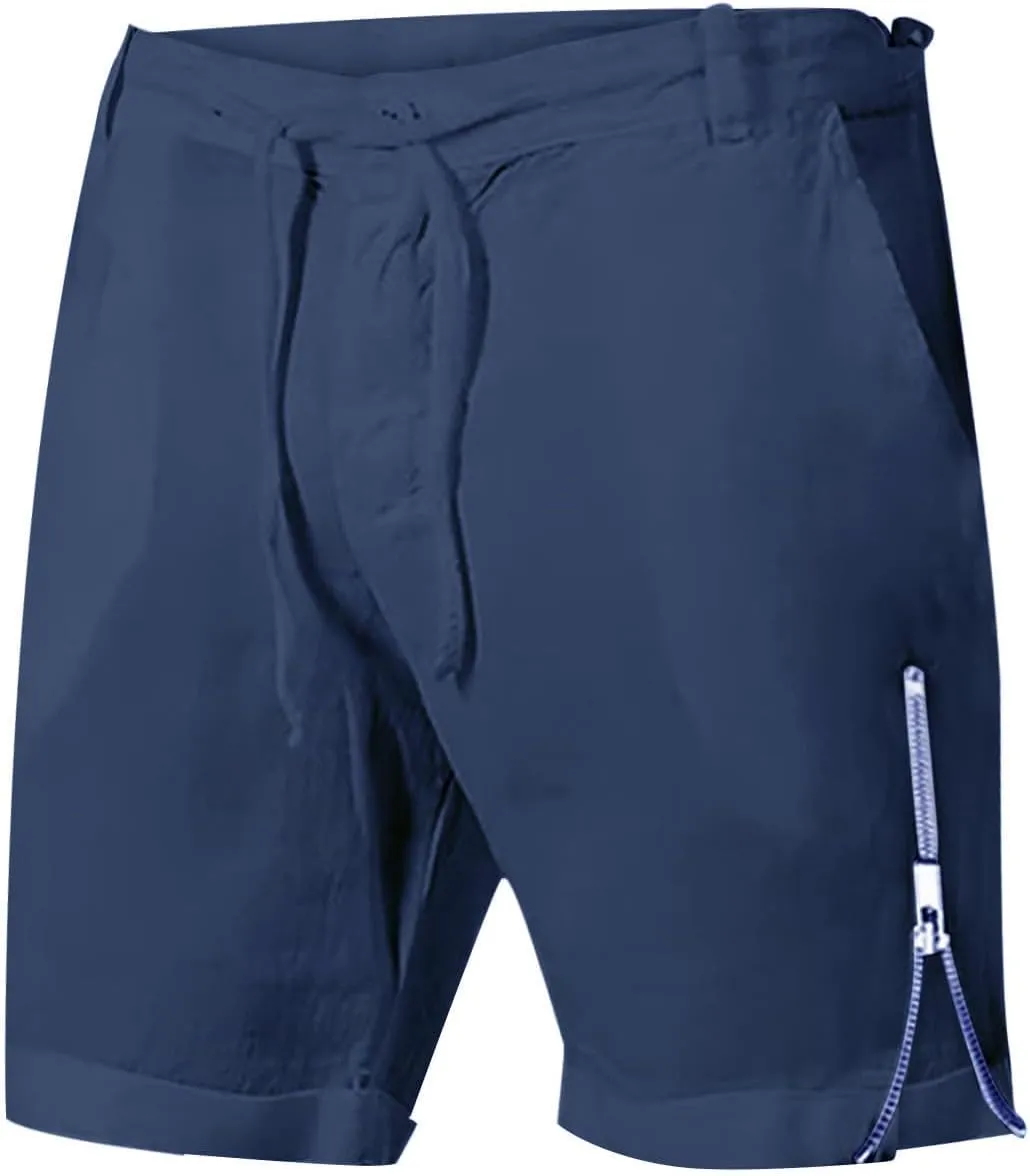 Mens Elastic Waist Linen Classic Shorts for Summer Beach Lightweight Slim Fit with Pockets Athletic Baggy Workout