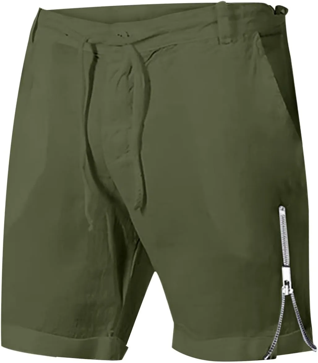 Mens Elastic Waist Linen Classic Shorts for Summer Beach Lightweight Slim Fit with Pockets Athletic Baggy Workout
