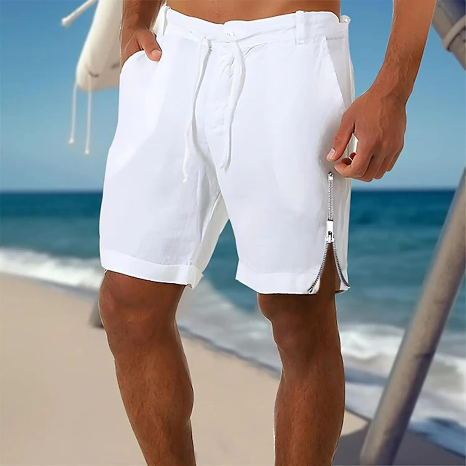 Mens Elastic Waist Linen Classic Shorts for Summer Beach Lightweight Slim Fit with Pockets Athletic Baggy Workout