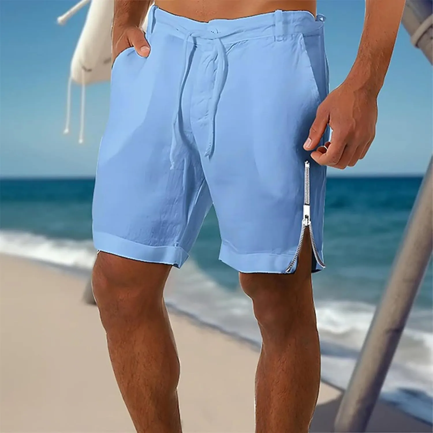 Mens Elastic Waist Linen Classic Shorts for Summer Beach Lightweight Slim Fit with Pockets Athletic Baggy Workout
