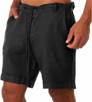 Men's Linen Casual Classic Short Elastic Waist Summer Beach Lightweight Board Slim-Fit with Pockets