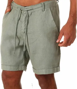 Men's Linen Casual Classic Short Elastic Waist Summer Beach Lightweight Board Slim-Fit with Pockets