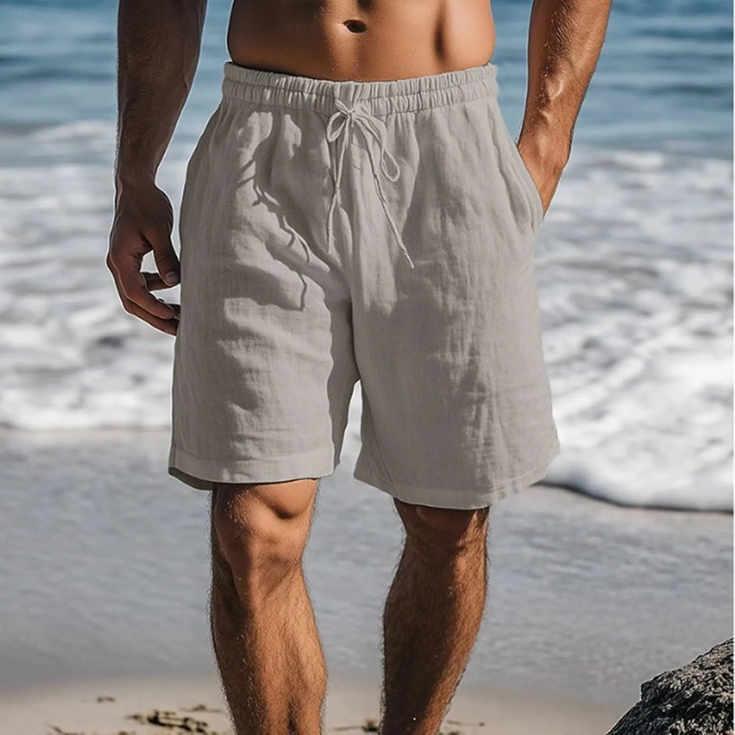 Men's Linen Casual Classic Short Elastic Waist Summer Beach Lightweight Loose-Fit Shorts with Pockets 2025