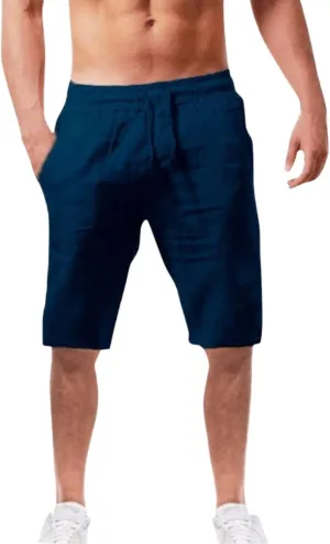Men's Linen Casual Classic Short Summer Beach Lightweight Elastic Waist Board Slim-Fit with Pockets