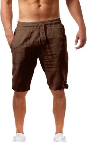 Men's Linen Casual Classic Short Summer Beach Lightweight Elastic Waist Board Slim-Fit with Pockets