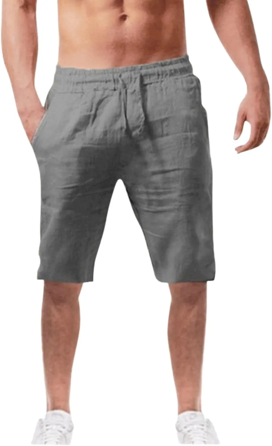 Men's Linen Casual Classic Short Summer Beach Lightweight Elastic Waist Board Slim-Fit with Pockets