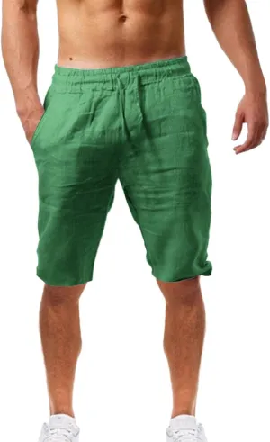 Men's Linen Casual Classic Short Summer Beach Lightweight Elastic Waist Board Slim-Fit with Pockets