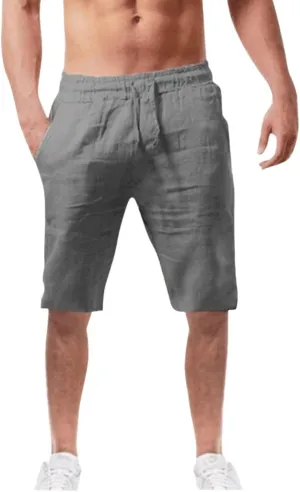 Men's Linen Casual Classic Short Summer Beach Lightweight Elastic Waist Board Slim-Fit with Pockets