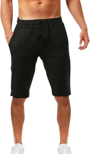 Men's Linen Casual Classic Short Summer Beach Lightweight Elastic Waist Board Slim-Fit with Pockets