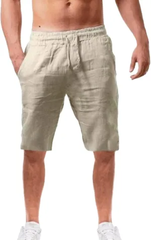 Men's Linen Casual Classic Short Summer Beach Lightweight Elastic Waist Board Slim-Fit with Pockets
