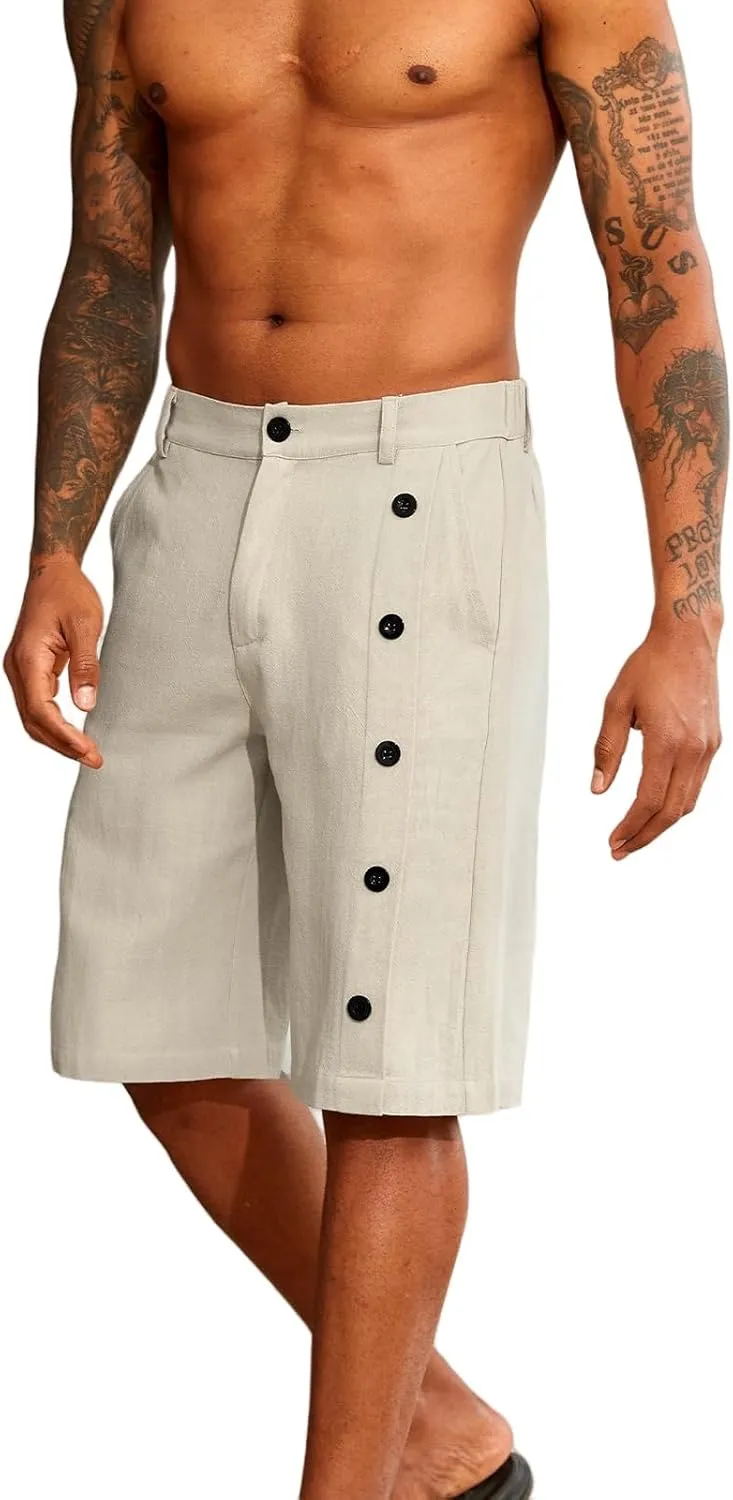 Mens Linen Shorts Button Elastic Waist Slim Fit Hawaii Shorts Casual Classic Fit Summer Beach Golf Short Pants