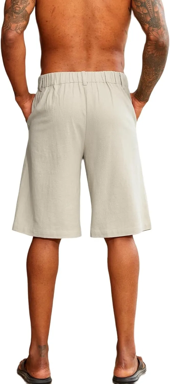 Mens Linen Shorts Button Elastic Waist Slim Fit Hawaii Shorts Casual Classic Fit Summer Beach Golf Short Pants