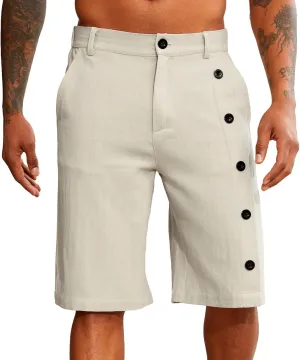 Mens Linen Shorts Button Elastic Waist Slim Fit Hawaii Shorts Casual Classic Fit Summer Beach Golf Short Pants