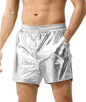 Mens Metallic Shorts Sparkly Shiny Trendy Sexy Classic Drawstring Short Pants Disco Rave Hot Beach Outfits with Pocket
