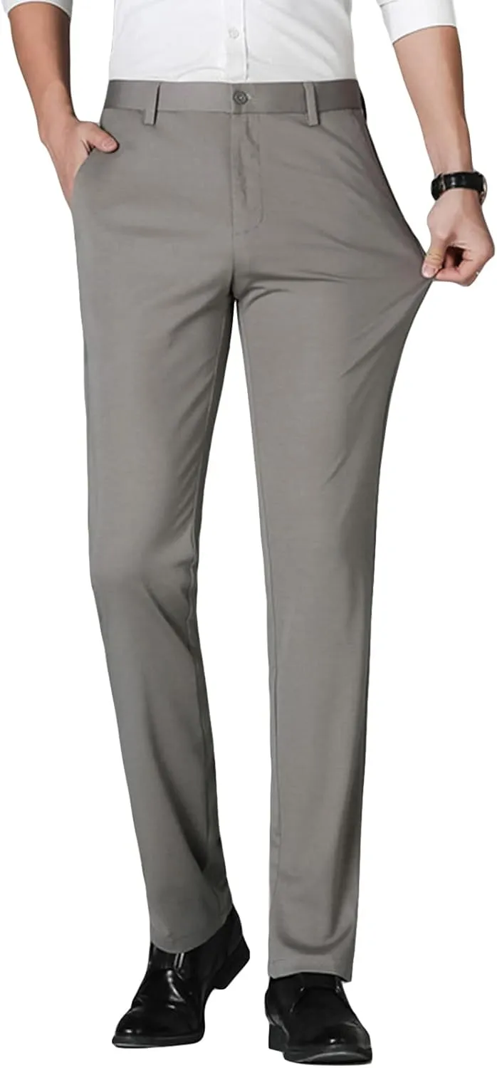 Men's Straight Fit Stretch Dress Pants Classic Fit Flat Front Chino Pant Solid Comfort Slim Fit Skinny Suit Pants