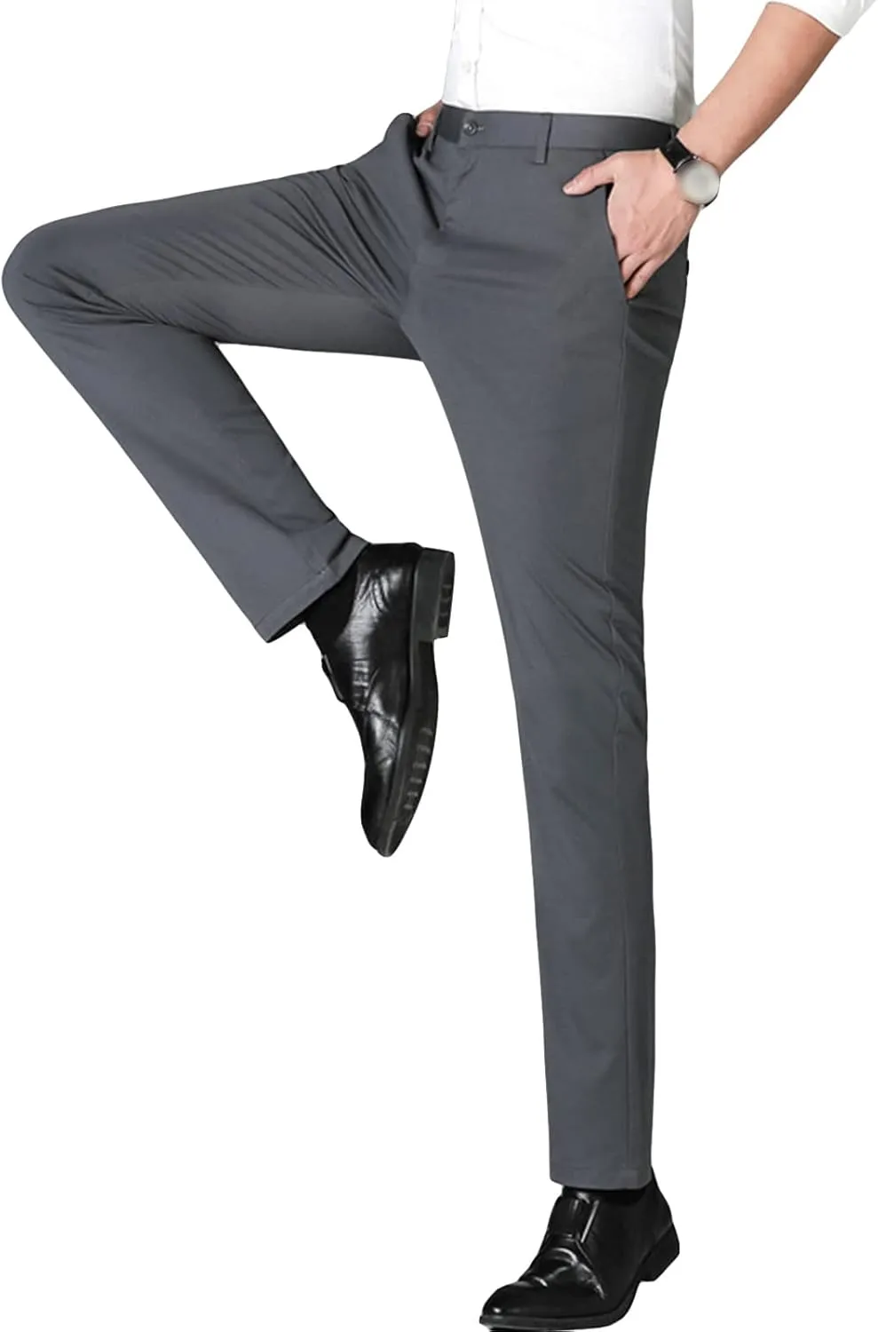Men's Straight Fit Stretch Dress Pants Classic Fit Flat Front Chino Pant Solid Comfort Slim Fit Skinny Suit Pants
