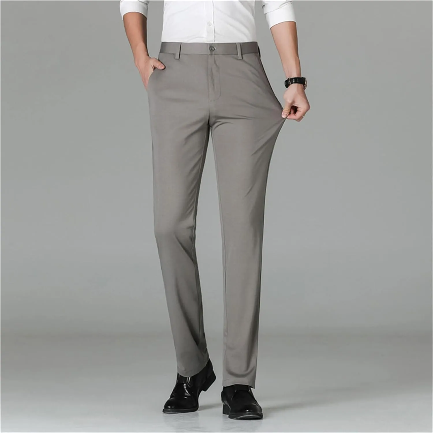 Men's Straight Fit Stretch Dress Pants Classic Fit Flat Front Chino Pant Solid Comfort Slim Fit Skinny Suit Pants
