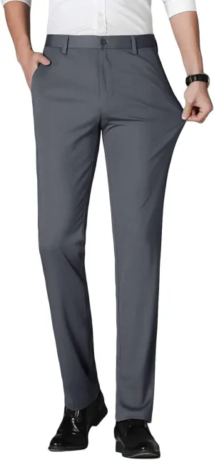 Men's Straight Fit Stretch Dress Pants Classic Fit Flat Front Chino Pant Solid Comfort Slim Fit Skinny Suit Pants