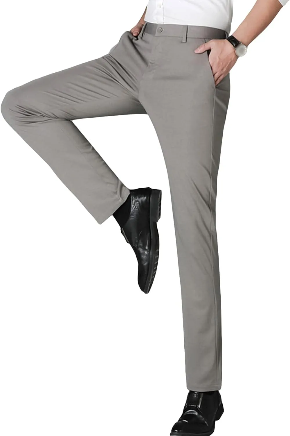 Men's Straight Fit Stretch Dress Pants Classic Fit Flat Front Chino Pant Solid Comfort Slim Fit Skinny Suit Pants