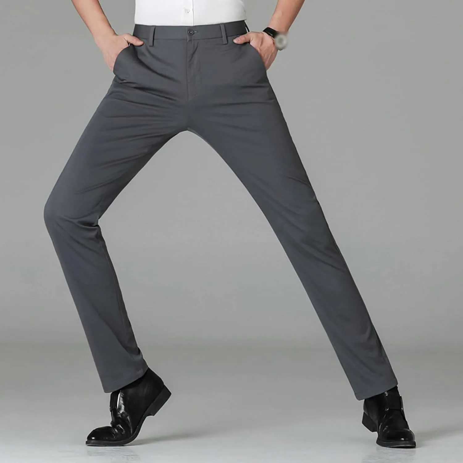 Men's Straight Fit Stretch Dress Pants Classic Fit Flat Front Chino Pant Solid Comfort Slim Fit Skinny Suit Pants