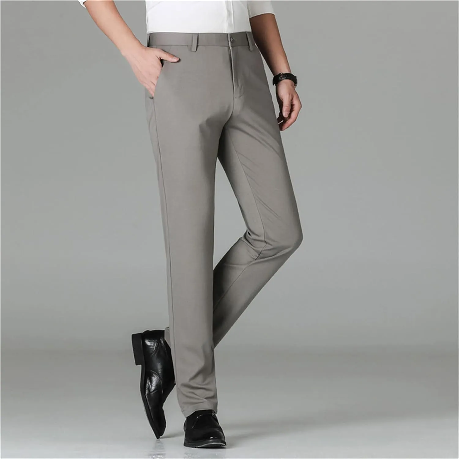 Men's Straight Fit Stretch Dress Pants Classic Fit Flat Front Chino Pant Solid Comfort Slim Fit Skinny Suit Pants
