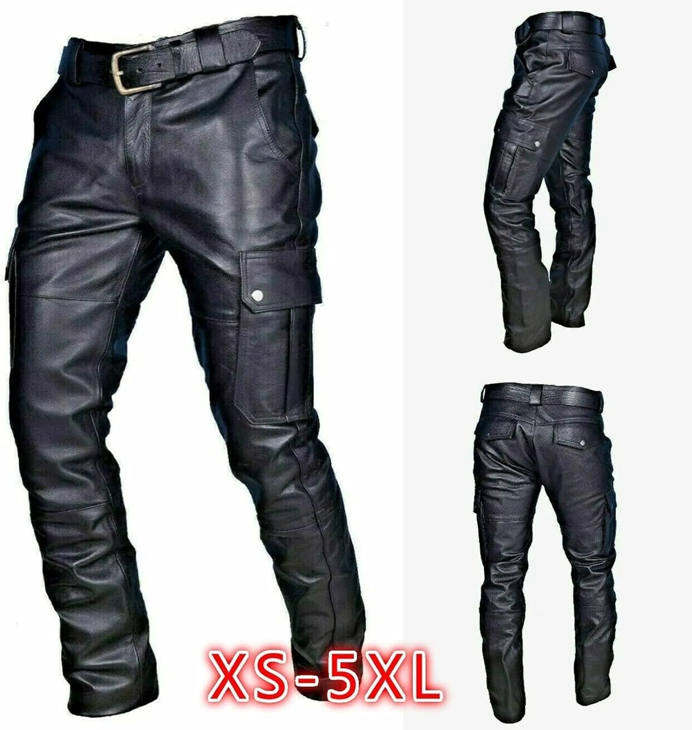 Mens Vintage Classic Steampunk Biker Pants Slim Fit Black Leather Motorcycle Long Pants Stretch Punk Retro Trousers