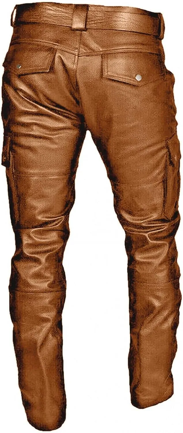 Mens Vintage Classic Steampunk Biker Pants Slim Fit Black Leather Motorcycle Long Pants Stretch Punk Retro Trousers