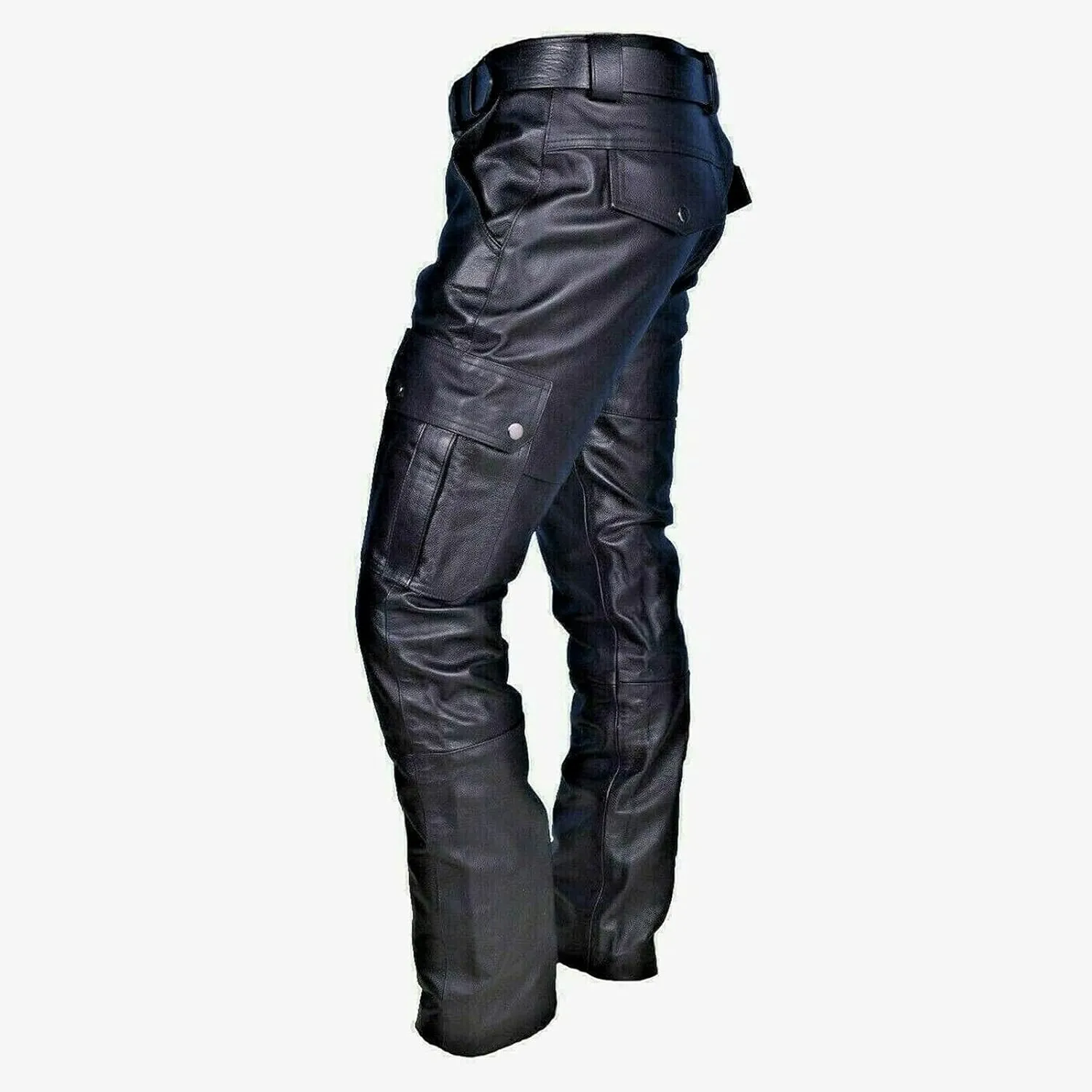 Mens Vintage Classic Steampunk Biker Pants Slim Fit Black Leather Motorcycle Long Pants Stretch Punk Retro Trousers