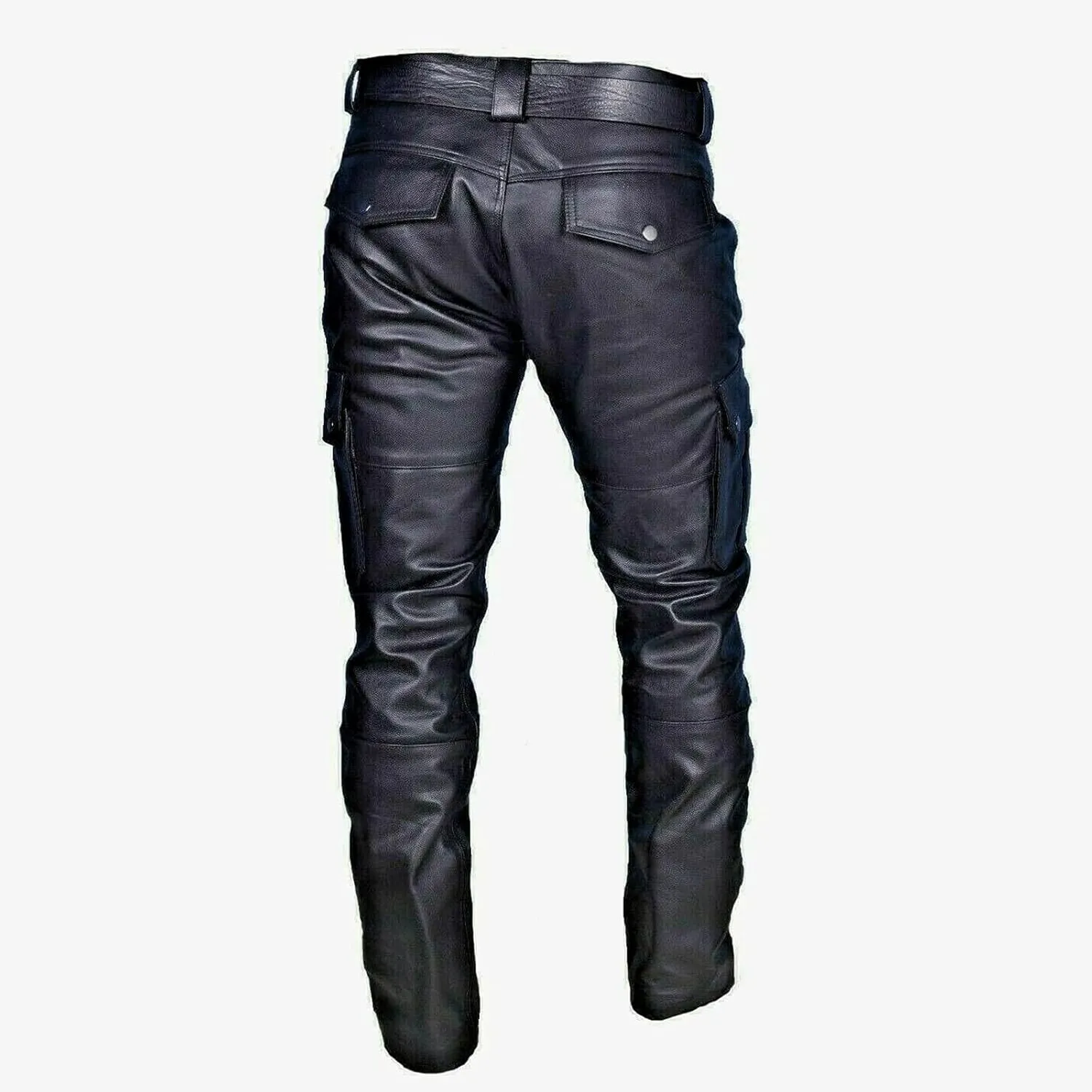 Mens Vintage Classic Steampunk Biker Pants Slim Fit Black Leather Motorcycle Long Pants Stretch Punk Retro Trousers