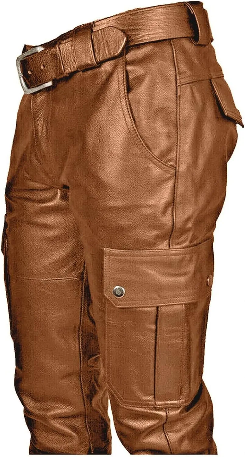 Mens Vintage Classic Steampunk Biker Pants Slim Fit Black Leather Motorcycle Long Pants Stretch Punk Retro Trousers