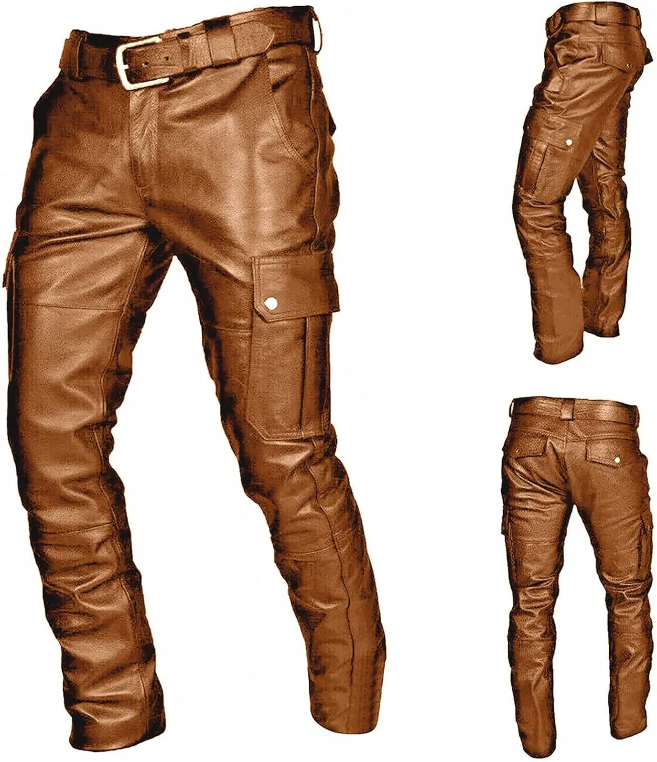 Mens Vintage Classic Steampunk Biker Pants Slim Fit Black Leather Motorcycle Long Pants Stretch Punk Retro Trousers